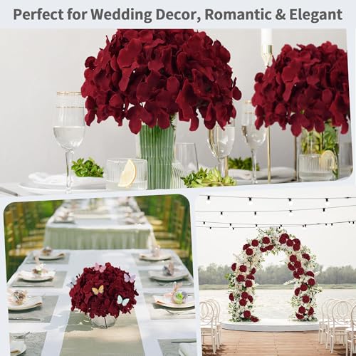 40 PCS Burgundy Silk Hydrangea Flowers, Detachable Heads + 8-Inch Wired Stems, Full 6 Inch Faux Hydrangea Heads for Fall Wedding, Christmas, Centerpieces & Pollen-Free Decor - color: Burgundy(no Accessories)