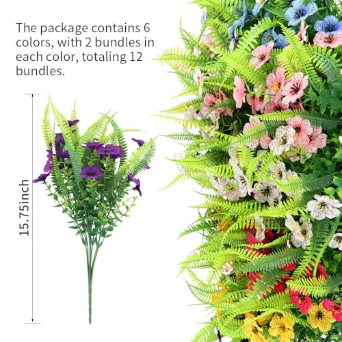 ZEOSTARO Artificial Outdoor Plants 12 Bundles Fake Boston Fern with Eucalyptus Flowers Faux UV Resistant Greenery Garden Window Box Porch Farmhouse Hanging Decor(Mix Flowers&Fern) - color: Mix Flowers&fern