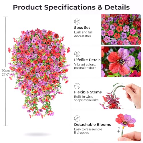 5PCS Artificial Faux Hanging Flowers Plants for Outdoor Decor,Fake Silk Daisy Flowers with Eucalyptus UV Resistant Realistic Vines for Home Porch Patio Balcony Yard Decor (Hot pink Red Purple) - color: Hot Pink Red Purple