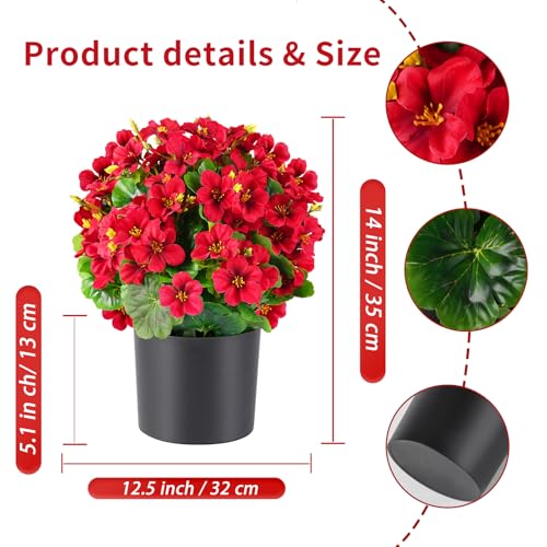 Artificial Geranium Flowers in Pot for Outdoors Fake Plants 14 Inch Faux Flowers Spring Summer Decoration for Home Front Door Garden Planter Patio Balcony Yard Indoor Outdoor (Red) - color: Red