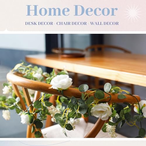 Der Rose 2 Pcs 13FT Artificial Flower Garland Wedding Decor, White Rose Eucalyptus Greenery Garland with Flowers & Floral Garland for Table Runner Flower Arch Backdrop - color: White 2 Pcs