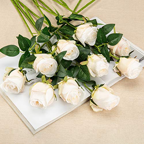 10pcs Artificial Rose Flowers Long Stem Fake Silk Roses for DIY Wedding Bouquet Table Centerpiece Home Decor (White) - color: White
