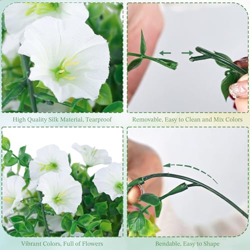 Artificial Hanging Flowers for Outdoors, 6Pcs UV Resistant Morning Glory Vines Fake Flowers with Eucalyptus, Realistic Silk Faux Hanging Plants Decor for Outside Planter Porch Patio (White) - color: White