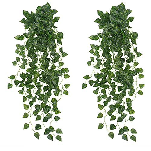 Uieke 2Pcs Fake Plants for Outside Fake Plant Decor 3.1ft Artificial Hanging Plants Fake Ivy Vine Faux Greenery Vine Plant for Home Room Wall Pot Hanging Planter Indoor Outdoor Décor - color: Green Radish