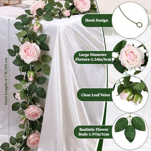 Zeyune 8 Pcs 54ft Artificial Pink Rose Flower Garland Realistic Silk Fake Flowers Hanging Vine for Wedding Party Arch Table Centerpieces and Wall Decor, Easy to Arrange - color: Pink