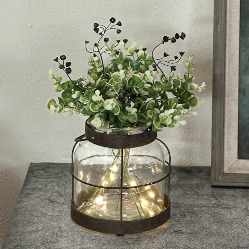 Vintage Glass Farmhouse Vase, Rustic Lantern Decor with Plants Flowers Lights Vintage Style Vases for Home Decor Floral Arrangement Hostess Gift - color: Vase+greenery+light