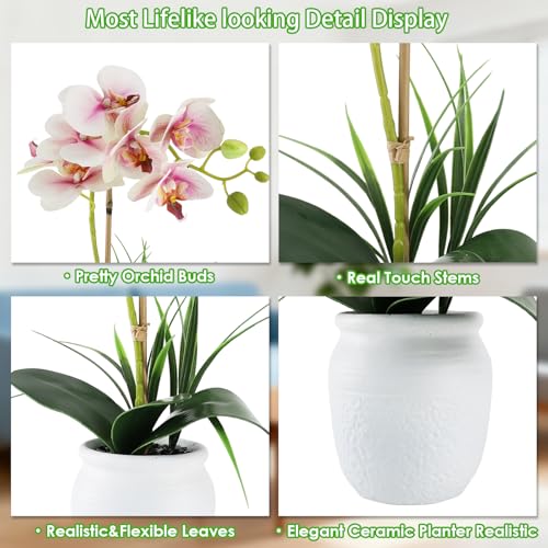 Orchid Artificial Flowers 18" Pink Fake Orchid Flowers in White Ceramic Pot Faux Orchid Plant for Home Decor Office Bathroom Table Centerpiece Indoor(Light Pink) - color: Light Pink-white