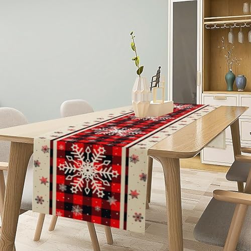 Snowflakes Christmas Table Runner Buffalo Plaid Winter Holiday Theme Art Printed Dinner Runner for Home Party Kitchen Dining Table Decor Fabric 1 Panel W13xL36in - color: Christmas, size: 13"W x 36"H