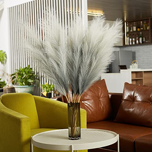 Faux Pampas Grass Decor, 6 Stems Artificial Pampas Grass - 43 inch Tall Pompass Grass Large Pompous Boho Flower Arrangement Home Decor for Room Wedding Party - color: Gradient-grey