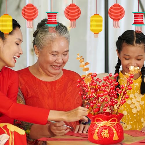 Chinese New Year Bonsai Tree Artificial Spring Festival Flower Pot Table Ornament Red Blessing Bucket Gold Berry Flower Arrangement Artificial Branches Fortune Lucky Tree for Indoor Home Decor - color: Red New Year-1