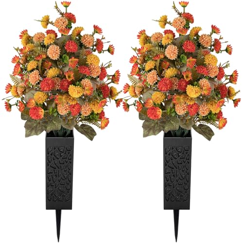 Artificial Cemetery Flowers for Grave: 2 Pcs Fake Fall Flowers for Cemetery Orange Mums Bouquets with Vases - Outdoor Grave Decorations - color: Orange & Red