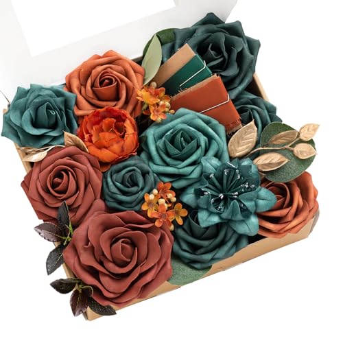 Ling's moment Fake Flowers Box, Faux Artificial Greenery Stems Foam Roses Silk Peony Waxflower Fabic Flower for Centerpieces Bouquet Wedding Vase Floral Decorations, Teal & Orange, Mini Combo - color: Teal & Orange