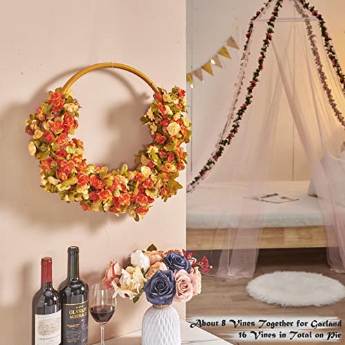 PONKING 8 Pcs x 8.2 ft Flower Garland Artificial Rose Vine Flowers with Green Leaves Hanging Fake Roses Vine for Room Party Home Wedding Birthday Christmas Wall Arch Decor, Fall Champagne Flower - color: Fall-champagne-8pcs, size: 8 Vines 66FT