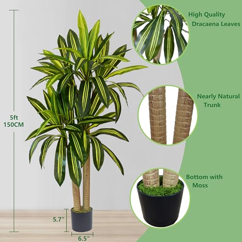 Warmplants Artificial Dracaena Tree, 5ft Tall Fake Dracaena Plant with Basket, Indoor Outdoor Faux Topiary Yucca Trees for Office Home Living Room Porch Patio Décor - color: Dracaena, size: 5ft