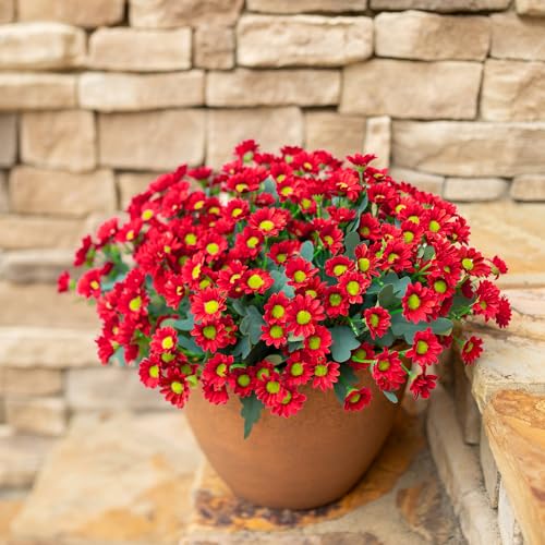Daisy Artificial Flowers for Outdoors Decoration, 6 Bundles Fake Plants Flowers Bouquet Faux Flowers for Outdoor Planter Look Real UV Resistant Silk Flowers for Outside Front Door Porch Patio, Red - color: Red