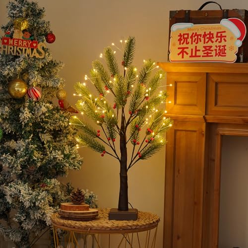 PXBNIUYA 72 LED Artificial Lamp with Timer, DIY Christmas Tree Lights, USB/Battery Powered Desktop Bonsai Tree Pine Needles, Fairy Light Spirit Tree for Indoor Table Home Wedding Bedroom-Warm White - color: Pine Needles