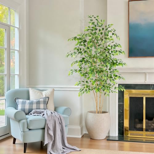 Nafresh Tall UV Resistant Ficus Tree Artificial，7ft(84in) Realistic Texture Potted Faux Ficus Tree， Fake Trees Indoor Outdoor for Home Office Living Room Bedroom Foyer Porch Decor. - size: 7ft