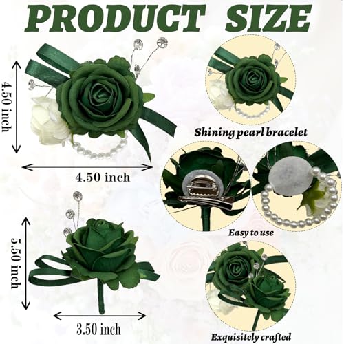 Green Corsage and Boutonniere Set for Bride Groom, Artificial Rose Flowers Wrist Corsage Bracelets Homecoming Flower Prom Suit Accessories Boutonniere for Wedding Prom Party Decorations - color: Green