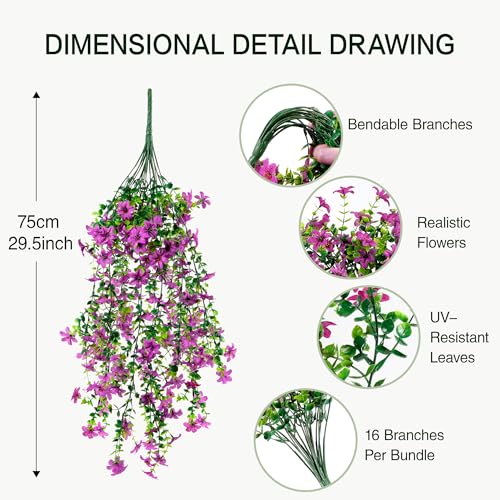 QCQHDU Artificial Hanging Flowers for Outdoors,2Pcs Fake Hanging Plants 29.5 Inch Long for Spring Summer Decoration,UV Resistant Faux Flowers for Patio Porch Garden Yard Balcony Decor, Purple - color: Purple