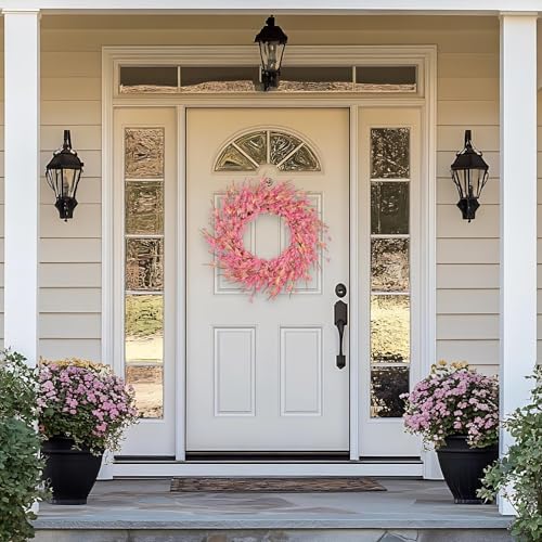 24 Inch Artificial Pink Forsythia Flower Wreath, Silk & Paper Floral Wreaths for Front Door, Romantic Valentine's Day & Spring Summer Decor, All Season Farmhouse Wedding Indoor Outdoor Decor - color: Pink