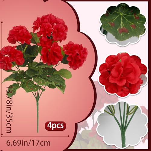 4 Pcs Artificial Geraniums Flowers for Outdoors Silk Geranium Outside UV Resistant Red Fake Plants Faux Flowers for Outdoor Planters Pot Garden Patio Porch Window Courtyard Indoor Home Decor - color: Red