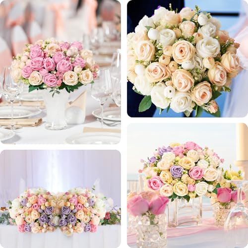 Yastouay Fake Roses Artificial Flowers, 2 Pack Rose Fake Flowers for Decoration, Real Touch Pink Roses Bouquets Silk Flowers for Vase Centerpiece Table Wedding Party Bridal DIY Decor