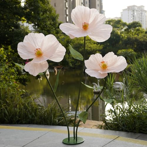 Large Paper Artificial Flowers,Giant Flowers for Decoration,Huge Handcrafted Poppy Fake Flowers with Stand for Home Decor Bridal Shower Party Outdoors Yard Event Backdrop Decor (Champagne) - color: Champagne