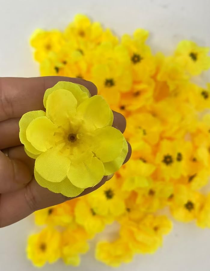 Rikyo 100 Artificial Silk Cherry Blossom Flower Heads Spring Fake Plum Blossom Peach Blossom,Vase Fillers,Corsages for Wedding Decor,Nursery Wall,Archway Wreath Garland Cake Ornaments (Yellow) - color: Yellow