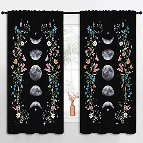 Boho Floral Wildflower Rod Pocket Blackout Curtains for Boy Girl Bedroom,Moon Phase Moonlit Garden Witchy Gothic Aesthetic Energy Efficient Home Window Drapes for Living Room Noise Reducing,55x63in - color: Boho Floral Wildflower-002, size: 55"W x 63"L (P