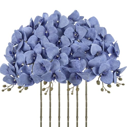 6 Pcs Blue Artificial Phalaenopsis Orchid Flowers 30" Velvet Silk Faux Orchid Stems Tall Fake Orchid Plants for Bathroom Office Wedding Party DIY Floral Arrangements (Blue) - color: Blue