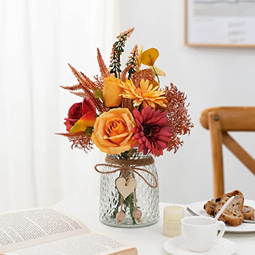Artificial Flowers with Vase, Faux Silk Flowers Arrangement in Vase, Rustic Home Office Decorations, Farmhouse Dining Table Decor, Coffee Table Centerpiece, Fall Table Plant Decor - color: Autumn Red Yellow