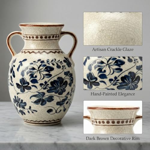 EFISPSS Ceramic Vintage Vase,Spring Decor Unique Chinese Crackle Floral Handle for Dining Room Mantle Living Room,Blue - color: Blue