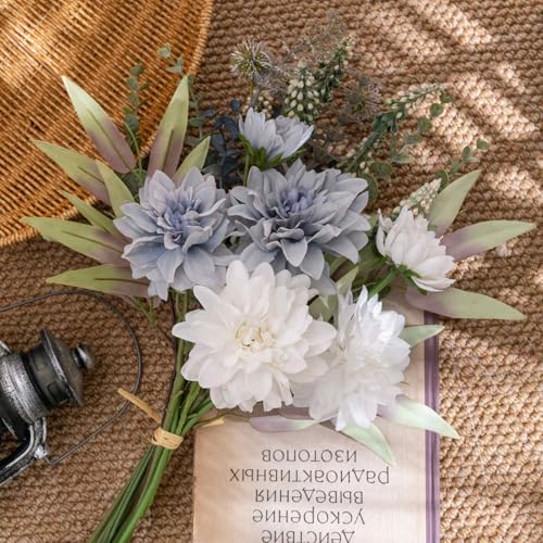 KIRIFLY Artificial Fake Flowers Plants Silk Flower Arrangements Wedding Bouquets Decorations Plastic Floral Table Centerpieces for Home Kitchen Garden Party Décor (Purple White)