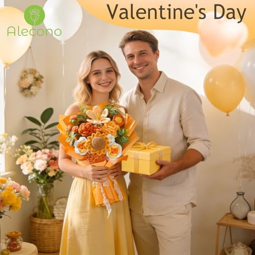 Alecono Large Crochet Flower Bouquet, Knitted Flowers, Artificial Sunflower Crochet as a Gift for Valentines Day Lover Anniversary Graduation (Orange) - color: Orange, size: X-Large