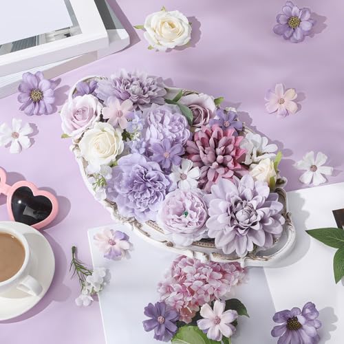 Janinka 100 Pcs Purple Assorted Fake Flower Heads with Long Stem Mini Artificial Flower Bulk Mix Silk Faux Daisy for Crafts Fake Peony Rose for DIY Wedding Party Wreath Home Decoration - color: Purple