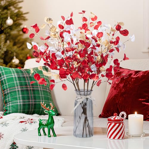 6pcs Eucalyptus Stems Fake Red Gold Silvery Christmas Decorations Leaves Artificial Silk Flowers Bouquet Faux Branches Centerpiece Flores Plants for Home Party Decor Wedding Decoration - color: 6pcs-christmas