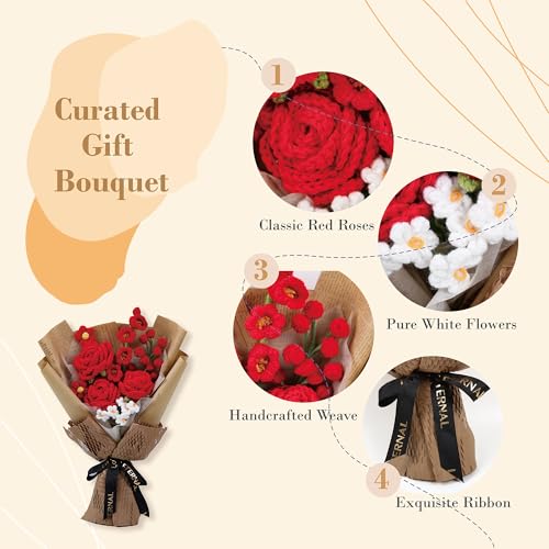 Crochet Flower Bouquet, Handmade Knitted Red Rose Faux Crochet Flowers for Home Decor Valentine’s Day Anniversary Weddings Birthdays Mother’s Day, Includes Gift Bag and Greeting Card (Rose) - color: Red
