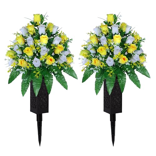 LVXINLI Artificial Cemetery Flowers, Gravesite Decoration Roses, Memorial Bouquets with Cemetery Vase, Vibrant and Long-Lasting Colors (Yellow+White, 2 Bundles) - color: Yellow+white