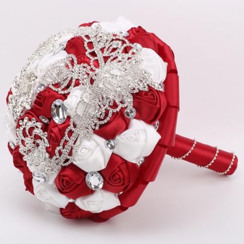 Bridal Wedding Bouquet Drop-Shaped Rhinestones Brooch Bouquet for Bride Bridesmaid Quinceanera Satin Red Rose Flower Bouquet Wedding Burgundy and White 7.1in - color: Burgundy& White, size: Diameter: 7.1 inches