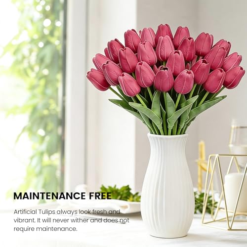 30 PCS Artificial Tulips Real Touch Tulips 13.5inch Long Stem Fake Flowers Silk Flowers for Spring Easter Mother's Day Decorations (Rose-red) - color: Rose-red