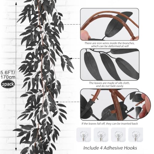 RECUTMS Artificial Hanging Willow Leaves Vine Twigs 2Pcs 5.7Ft Halloween Black Leave Garland Fake Silk Willow leaf Ivy Faux Greenery Plant for Indoor Outdoor Jungle Birthday Fall Christmas Party Decor - color: Brown