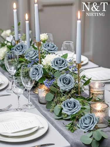 N&T NIETING Artificial Flowers with Stems, 25pcs Foam Roses Fake Flowers Perfect for DIY Wedding Bridal Bouquets Centerpieces Home Flower Arrangement Party Tables Decoration, Dusty Blue Gray - color: Dusty Blue, size: 25pcs