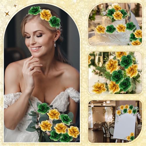 Yunlly 100 Pcs Artificial Flowers Fake Silk Roses Long Stem Rose Bouquet Wedding Party Home Decor for DIY Baby Shower Centerpieces Tables Home Decorations(Green,Gold) - color: Green,gold