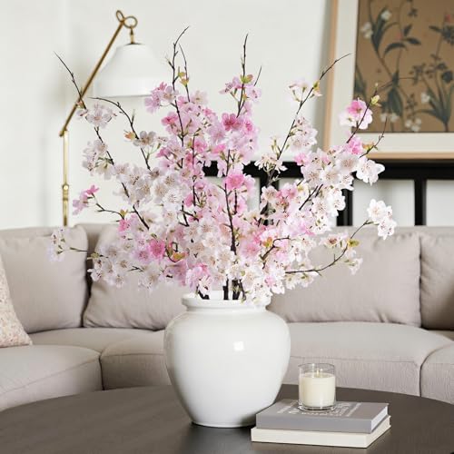 Artificial Cherry Blossom Branches 27.6In Silk Cherry Blossom Branches 8PCS Long Stem Artificial Flowers for Tall Vase, for Home Decorate, Weddings Decorate, Parties & Festival Gifts (White) - color: 8pcs White