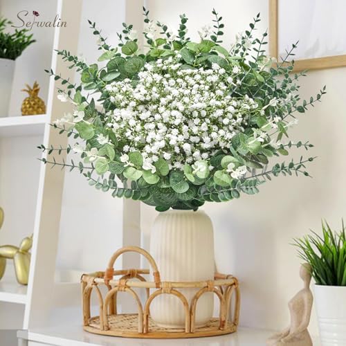 Serwalin 200 Pcs Mixed Artificial Eucalyptus Stems，Babys Breath Artificial Flowers Bulk with Artificial Fake Greenery Stems for Wedding DIY Bouquets Floral Arrangement Home Decor - size: 200pcs