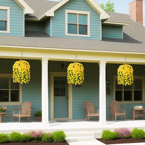 Ammyoo Artificial Faux Hanging Flowers Basket for Spring Summer Outdoor Porch Decor, Fake Silk Colorful Morning Glory Eucalyptus in Planter UV Resistant Look Real for Home Balcony Yard(Yellow) - color: Yellow