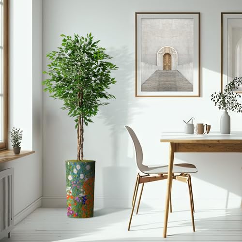 Artificial Tree in Colorful Flower Pattern Planter, Fake Ficus Silk Tree for Indoor and Outdoor Home Decoration - 75" Overall Tall (Plant Pot Plus Tree) - style: Ficus Tree