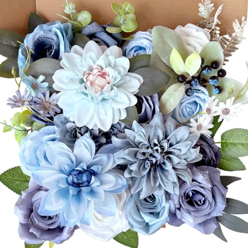 Dusty Blue Artificial Flowers Combo Box Silk Roses Dahlia DIY Cake Flowers Bridal Wedding Bouquets Navy Royal Blue White Fake Floral Arrangements Baby Shower Party Table Centerpieces Home Decor Bulks - color: Dusty Blue, White, Navy
