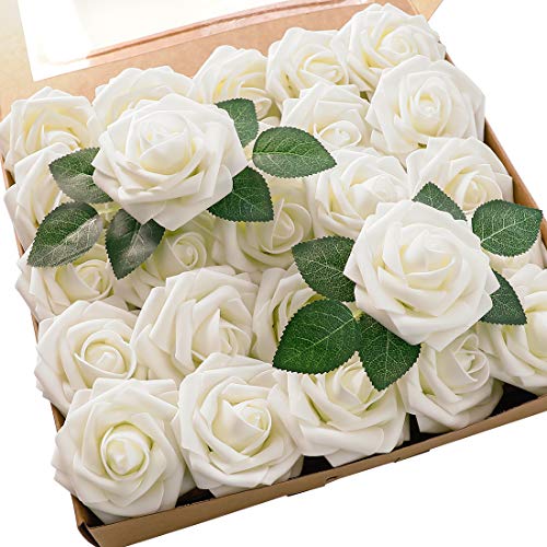 Floroom Artificial Flowers 50pcs Real Looking Ivory Foam Fake Roses with Stems for DIY Wedding Bouquets White Baby Shower Centerpieces Floral Arrangements Party Tables Home Decorations - color: Ivory, size: 50Pcs