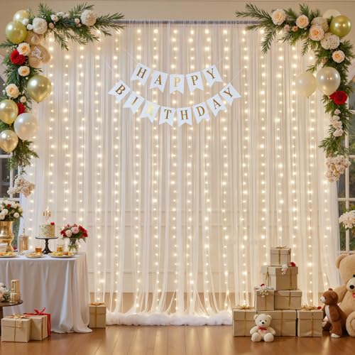 Ivory Sheer Backdrop Curtains with Lights String for Parites Wedding 10×8ft Tulle Backdrop Curtains for Baby Shower Birthday Party Photo Shoot Background Decorations - color: Ivory, size: 10 ft X 8 ft(2 Panels 5ft X 8ft)